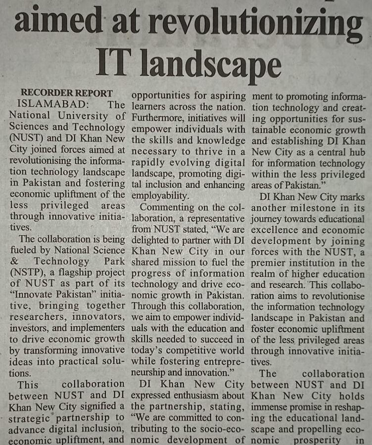 NUST and D. I. Khan New City Collaborate to Spearhead Economic Advancements in Pakistan